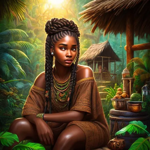 Prompt: Hyper realistic picture of a beautiful black girl sitting in front of the old enchanted hut, brown skin color, with braids, curious, rainforest, high quality, trending art, trending on art station, sharp focus, studio photo, intricate details, highly detailed, UHD, HDR, 8K, ((Masterpiece))