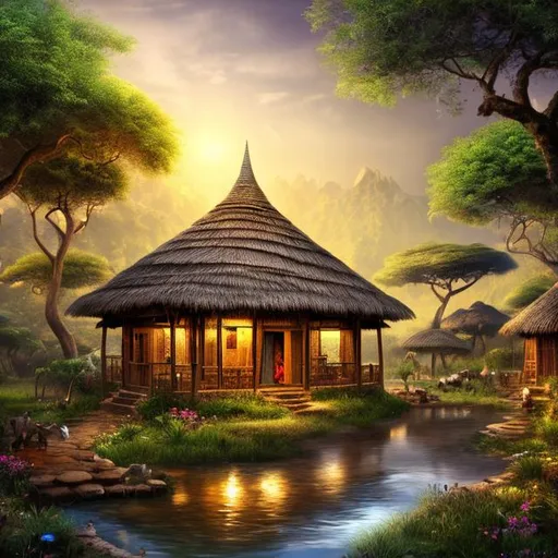 Prompt: Hyper realistic picture of a beautiful African enchanted hut, in a clean village, stream of water, high quality, trending art, trending on art station, sharp focus, studio photo, intricate details, highly detailed, UHD, HDR, 8K, ((Masterpiece))
