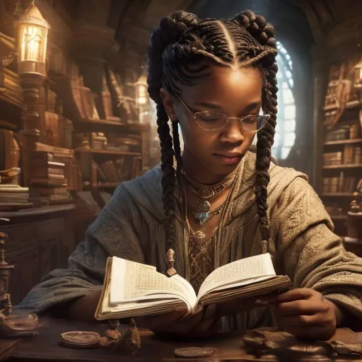 Prompt: picture of a black girl reading ancient parchments, middle earth, in the old enchanted library, brown skin color, with braids, indoors, background, high quality, trending art, trending on art station, sharp focus, studio photo, intricate details, highly detailed, UHD, HDR, 8K, ((Masterpiece))