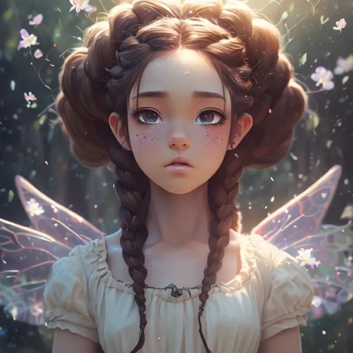 Prompt: (masterpiece) (highly detailed) (top quality) (cinematic shot)  anime style, 4:1, front view, fairy, instagram able, black woman, reflections, depth of field, 2D illustration, professional work,  braids, centered shot from below, brown eyes, sky kingdom.