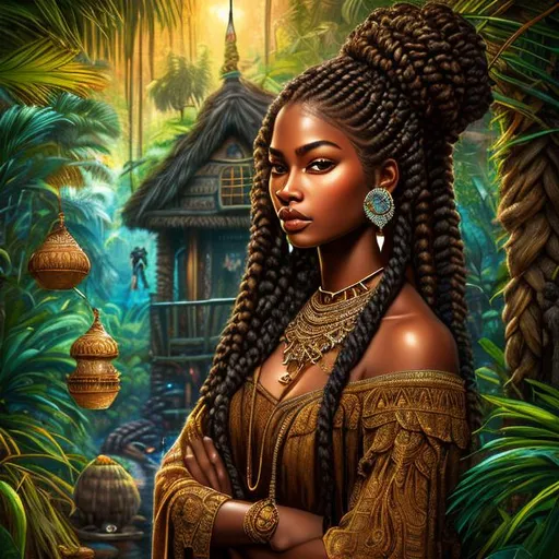 Prompt: Hyper realistic picture of a beautiful black girl in front of the old enchanted hut, brown skin color, with braids, curious, rainforest, high quality, trending art, trending on art station, sharp focus, studio photo, intricate details, highly detailed, UHD, HDR, 8K, ((Masterpiece))