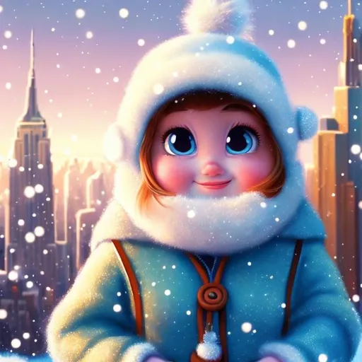 Prompt: Disney, Pixar art style, CGI, Girl with small round chubby face, blonde, blue almound shaped eyes, winter coat and hat, new york background

