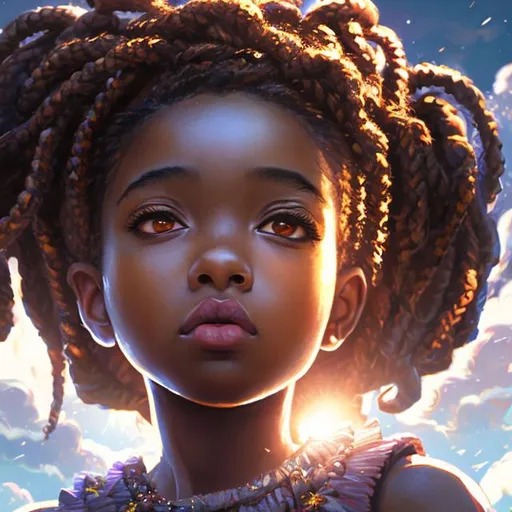 Prompt: (masterpiece) (highly detailed) (top quality) (cinematic shot)  anime style, 4:1, front view, black girl, African fairy, instagram able, reflections, depth of field, 2D illustration, professional work,  braids, centered shot from below, brown eyes, sky kingdom.