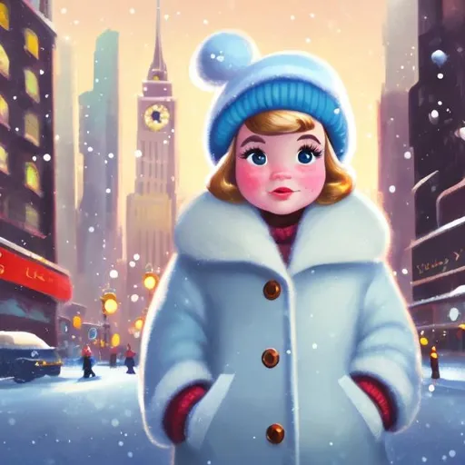 Prompt: Disney, Pixar art style, CGI, Girl with small round chubby face, blonde, blue almound shaped eyes, 1950's winter coat and hat, new york background

