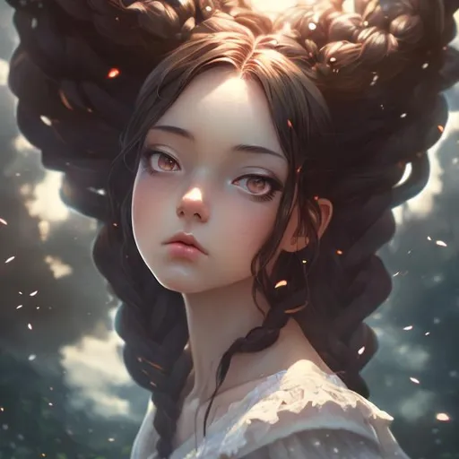 Prompt: (masterpiece) (highly detailed) (top quality) (cinematic shot)  anime style, 4:1, front view, black fairy, instagram able, black woman, reflections, depth of field, 2D illustration, professional work,  braids, centered shot from below, brown eyes, sky kingdom.