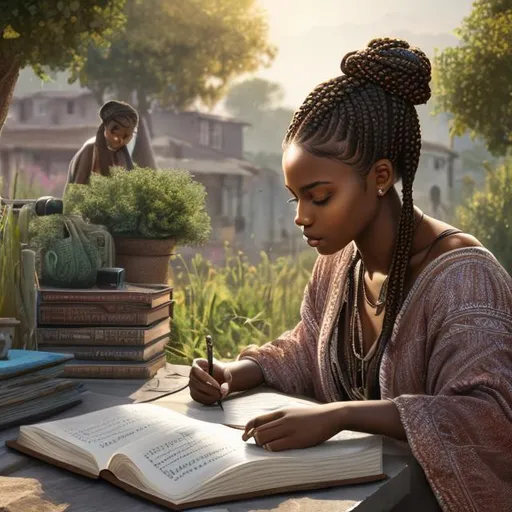 Prompt: Hyper realistic picture of a beautiful black girl researchersworking in the field, brown skin color, with braids, daytime, background, high quality, trending art, trending on art station, sharp focus, studio photo, intricate details, highly detailed, UHD, HDR, 8K, ((Masterpiece))