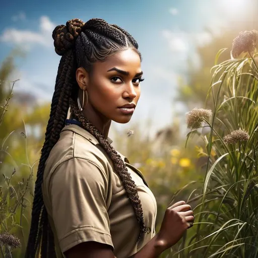 Prompt: Hyper realistic picture of a black female explorer working in the field, brown skin color, with braids, daytime, background, high quality, sharp focus, studio photo, intricate details, highly detailed, UHD, HDR, 8K, ((Masterpiece))