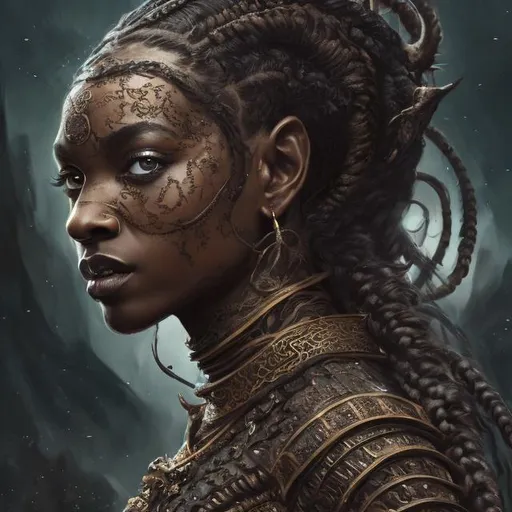 Prompt: picture of a black queen of dragons, flying, brown skin color, with braids, background, high quality, trending art, trending on art station, sharp focus, studio photo, intricate details, highly detailed, UHD, HDR, 8K, ((Masterpiece))