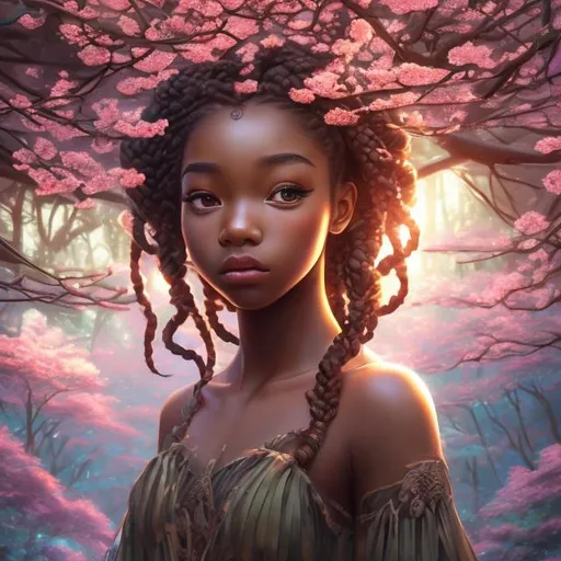 Prompt: (masterpiece) (highly detailed) (top quality) (cinematic shot)  anime style, 4:1, front view, goddess of rainforest, instagram able, black girl, reflections, depth of field, 2D illustration, professional work, long hair, braided, centered shot from below, brown eyes, cherry blossom forest.