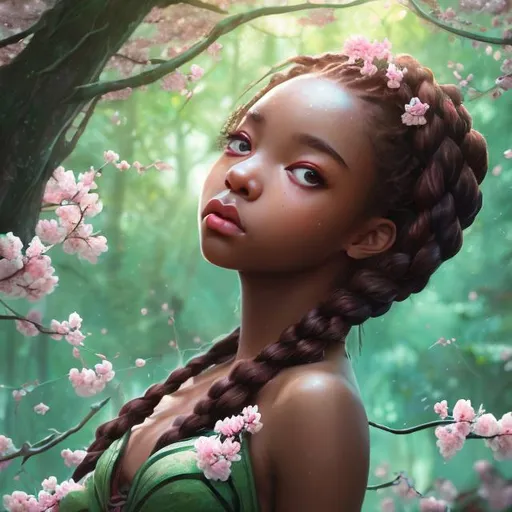 Prompt: (masterpiece) (highly detailed) (top quality) (cinematic shot)  anime style, 4:1, front view, goddess of rainforest, instagram able, black girl, reflections, depth of field, 2D illustration, professional work, long hair, braided, centered shot from below, green eyes, cherry blossoms forest.