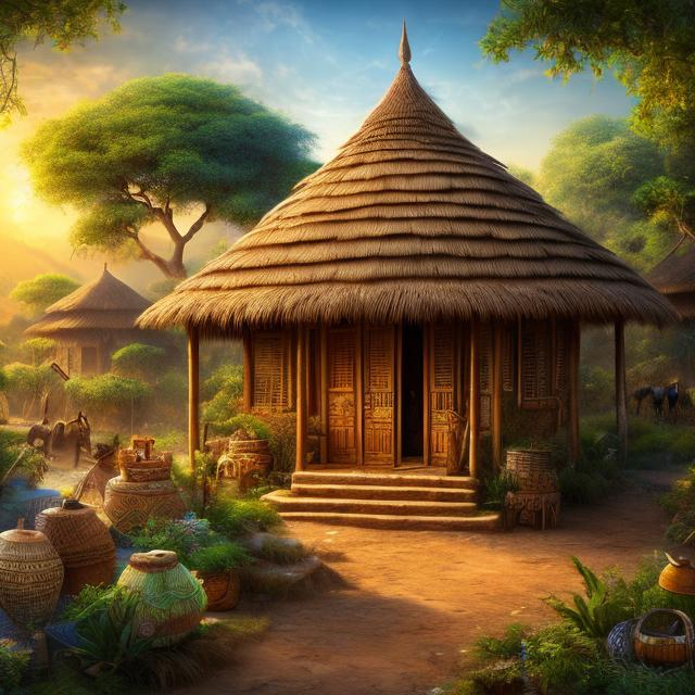 Prompt: Hyper realistic picture of a beautiful African enchanted hut, in a clean village, high quality, trending art, trending on art station, sharp focus, studio photo, intricate details, highly detailed, UHD, HDR, 8K, ((Masterpiece))