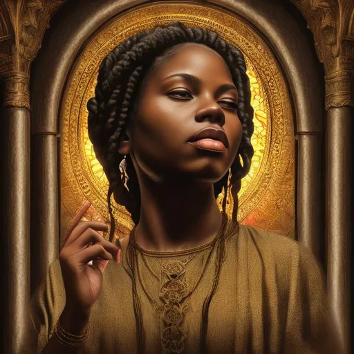 Prompt: Realistic, highly detailed, 4:1, front view, black Madonna, black woman, reflections, religious, 3D illustration, professional work,  braids, centered shot from below,