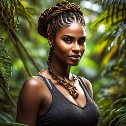 Prompt: Hyper realistic picture of an African female biologist, working, in the rainforest, brown skin color, braids, bokeh, high quality, sharp focus, studio photo, intricate details, highly detailed, UHD, HDR, 8K