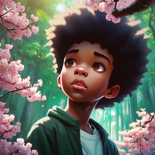 Prompt: (masterpiece) (highly detailed) (top quality) (cinematic shot)  anime style, 4:1, front view, genie of rainforest, instagram able, black boy, reflections, depth of field, 2D illustration, professional work, afro hair, centered shot from below, green eyes, cherry blossoms forest.