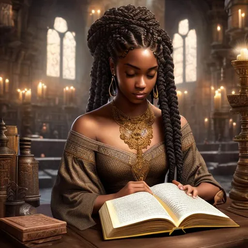 Prompt: Hyper realistic picture of a beautiful black girl reading ancient text in the old enchanted library, brown skin color, with braids, indoors, background, high quality, trending art, trending on art station, sharp focus, studio photo, intricate details, highly detailed, UHD, HDR, 8K, ((Masterpiece))