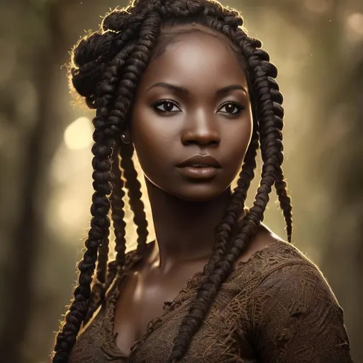 Prompt: Hyper realistic picture of an African female nature photographer, camera, dark brown skin color, braids, high quality, sharp focus, studio photo, intricate details, highly detailed, UHD, HDR, 8K