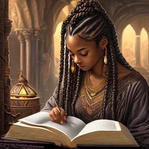 Prompt: Hyper realistic picture of a beautiful black girl reading ancient text in the old enchanted library, brown skin color, with braids, indoors, background, high quality, trending art, trending on art station, sharp focus, studio photo, intricate details, highly detailed, UHD, HDR, 8K, ((Masterpiece))