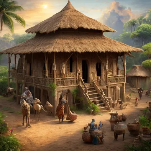 Prompt: Hyper realistic picture of a beautiful African enchanted hut, in a clean village, high quality, trending art, trending on art station, sharp focus, studio photo, intricate details, highly detailed, UHD, HDR, 8K, ((Masterpiece))