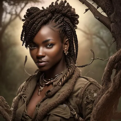 Prompt: Hyper realistic picture of an African female nature photographer, safari, dark brown skin color, braids, high quality, sharp focus, studio photo, intricate details, highly detailed, UHD, HDR, 8K