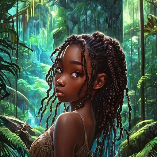 Prompt: (masterpiece) (highly detailed) (top quality) (cinematic shot)  anime style, 4:1, front view, goddess of rainforest, instagram able, black girl, reflections, depth of field, 2D illustration, professional work, long hair, braided, centered shot from below, brown eyes, lush rainforest, waterfalls.