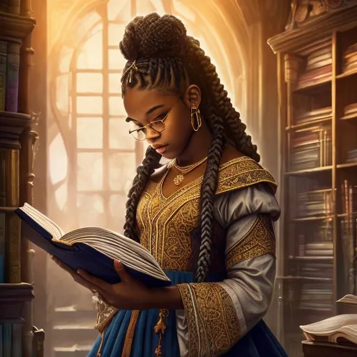 Prompt: picture of a black girl reading ancient parchments, in the old enchanted library, brown skin color, with braids, indoors, background, high quality, trending art, trending on art station, sharp focus, studio photo, intricate details, highly detailed, UHD, HDR, 8K, ((Masterpiece))