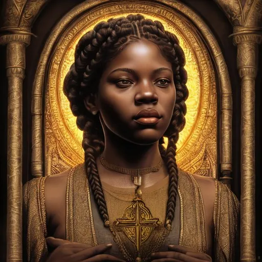 Prompt: Realistic, highly detailed, 4:1, front view, black Madonna, black woman, reflections, religious, 3D illustration, professional work,  braids, centered shot from below,