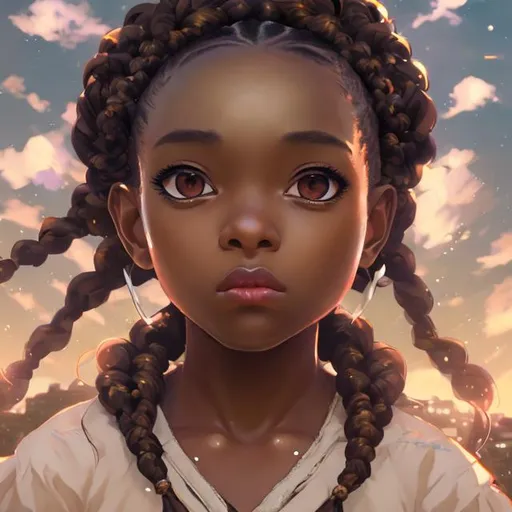 Prompt: (masterpiece) (highly detailed) (top quality) (cinematic shot)  anime style, 4:1, front view, black girl, African fairy, instagram able, reflections, depth of field, 2D illustration, professional work,  braids, centered shot from below, brown eyes, sky kingdom.