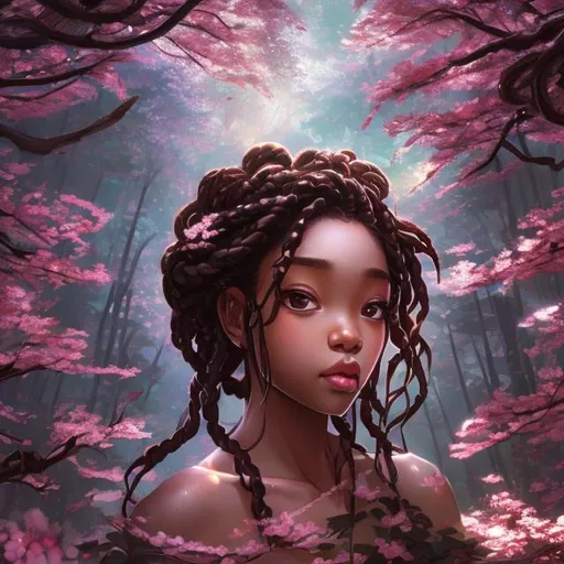 Prompt: (masterpiece) (highly detailed) (top quality) (cinematic shot)  anime style, 4:1, front view, goddess of rainforest, instagram able, black girl, reflections, depth of field, 2D illustration, professional work, long hair, braided, centered shot from below, brown eyes, cherry blossom forest.