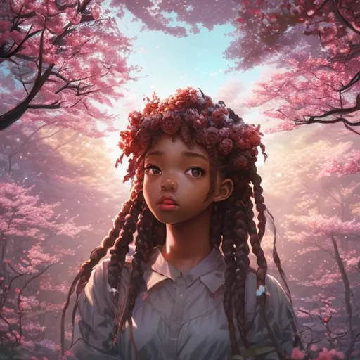 Prompt: (masterpiece) (highly detailed) (top quality) (cinematic shot)  anime style, 4:1, front view, goddess of rainforest, instagram able, black girl, reflections, depth of field, 2D illustration, professional work, long hair, braided, centered shot from below, brown eyes, cherry blossoms forest.