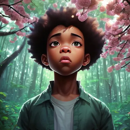 Prompt: (masterpiece) (highly detailed) (top quality) (cinematic shot)  anime style, 4:1, front view, genie of rainforest, instagram able, black boy, reflections, depth of field, 2D illustration, professional work, afro hair, centered shot from below, green eyes, cherry blossoms forest.