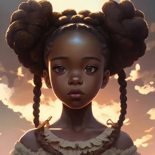 Prompt: (masterpiece) (highly detailed) (top quality) (cinematic shot)  anime style, 4:1, front view, black girl, African fairy, instagram able, reflections, depth of field, 2D illustration, professional work,  braids, centered shot from below, brown eyes, sky kingdom.