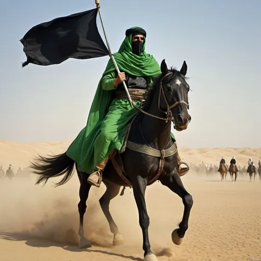 Prompt: Abbas ibn Ali on horseback, traditional Arab warrior green attire, holding black flag, face covered, determined expression, historical desert landscape of Karbala, religious significance, detailed, high quality, historical, traditional, determined, desert landscape, horseback, flag bearer, Arab warrior, atmospheric lighting, fighting