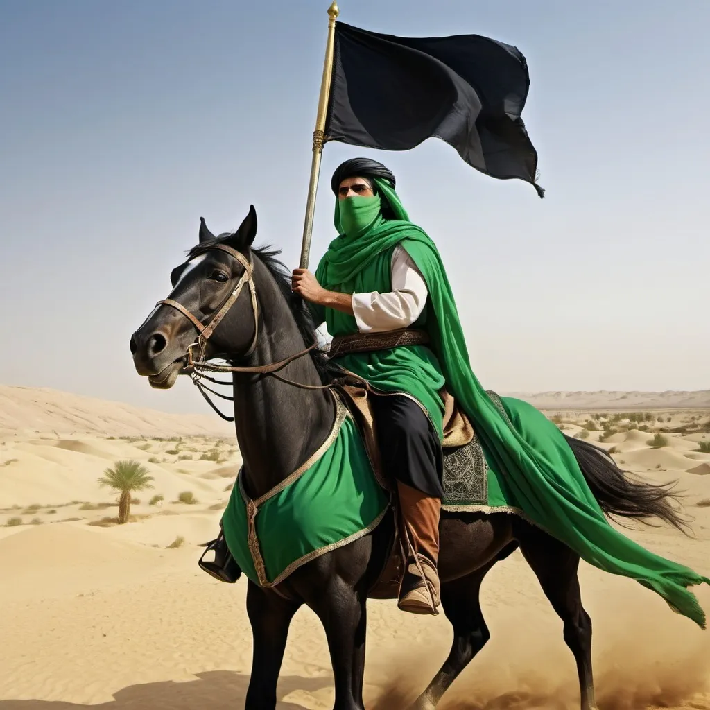 Prompt: Abbas ibn Ali on horseback, traditional Arab warrior green attire, holding black flag, face covered, determined expression, historical desert landscape of Karbala, religious significance, detailed, high quality, historical, traditional, determined, desert landscape, horseback, flag bearer, Arab warrior, atmospheric lighting, fighting