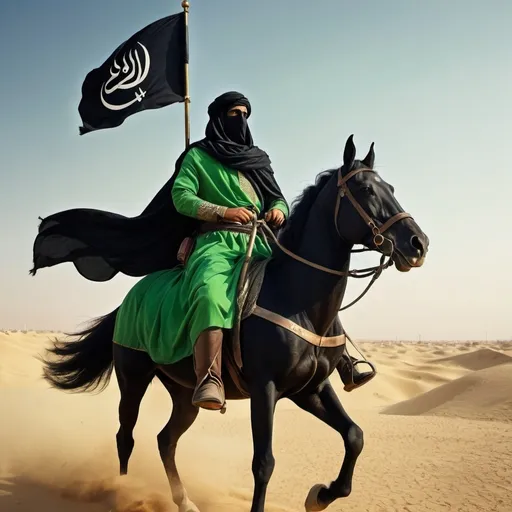 Prompt: Abbas ibn Ali on horseback, traditional Arab warrior green attire, holding black flag, face covered, determined expression, historical desert landscape of Karbala, religious significance, detailed, high quality, historical, traditional, determined, desert landscape, horseback, flag bearer, Arab warrior, atmospheric lighting