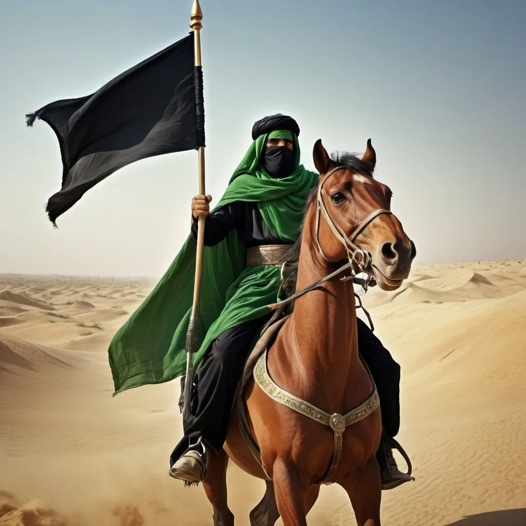 Prompt: Abbas ibn Ali on horseback, traditional Arab warrior green attire, holding black flag, face covered, determined expression, historical desert landscape of Karbala, religious significance, detailed, high quality, historical, traditional, determined, desert landscape, horseback, flag bearer, Arab warrior, atmospheric lighting, fighting