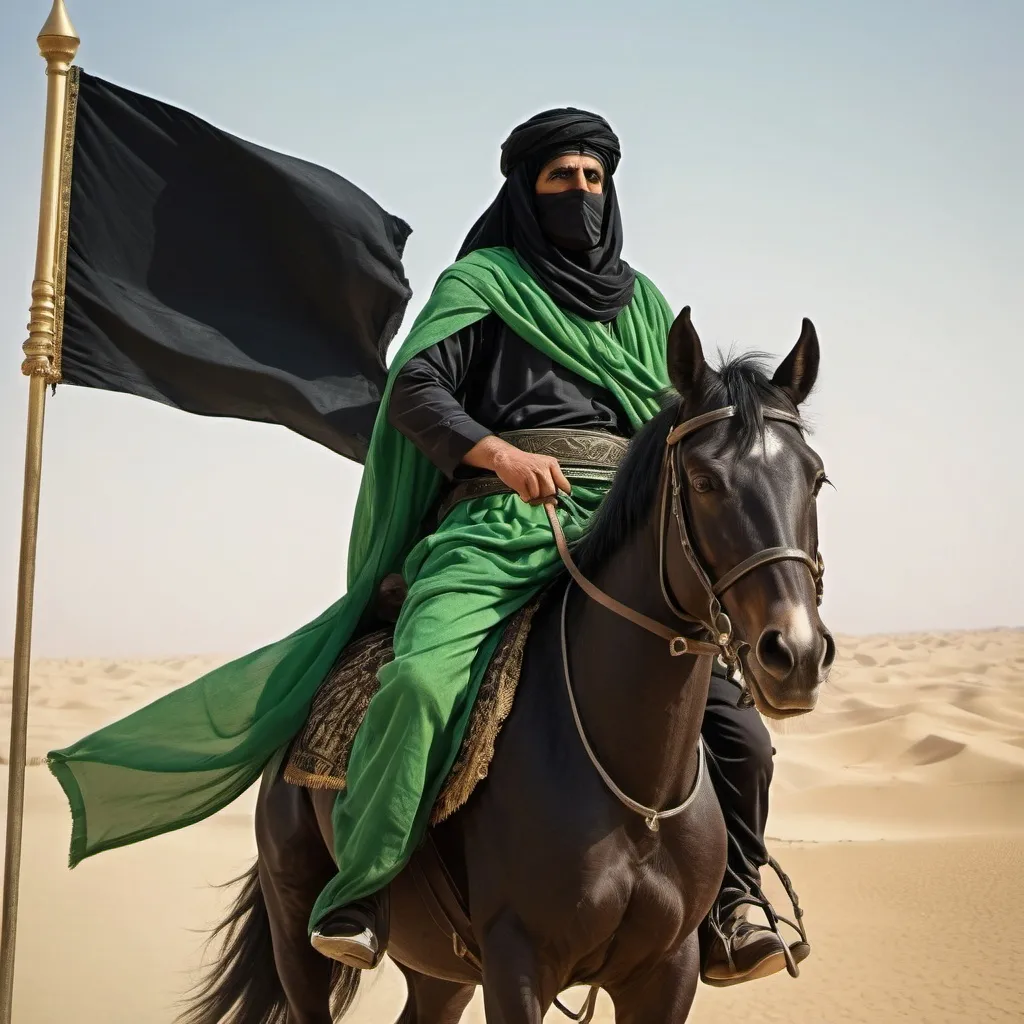 Prompt: Abbas ibn Ali on horseback, traditional Arab warrior green attire, holding black flag, face covered, determined expression, historical desert landscape of Karbala, religious significance, detailed, high quality, historical, traditional, determined, desert landscape, horseback, flag bearer, Arab warrior, atmospheric lighting, fighting