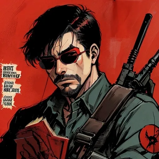 Prompt: a man counter strike defender with red war glasses defending his line, landfields, detailed, dark graphic novel illustration,  2d shaded retro comic just face