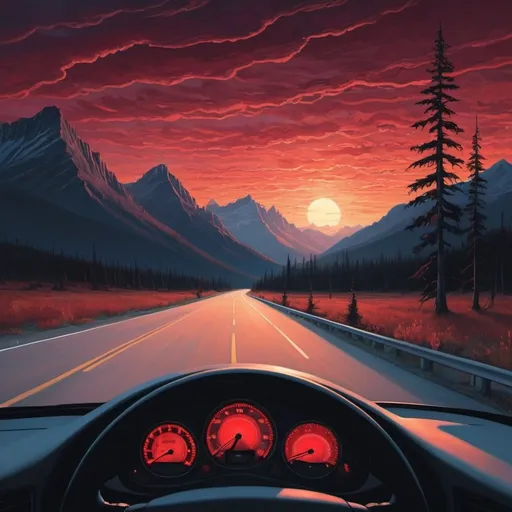 Prompt: Craft an AI-generated artwork illustrating a man driving his car along a winding Alberta highway at nightfall. His red eyes, a telltale sign of being under the influence, reflect the eerie glow of the dashboard lights. The barren landscape stretches out before him, with towering mountains in the distance silhouetted against a fading sunset. Convey the tension and uncertainty of his journey, as well as the surreal beauty of the Canadian wilderness under the twilight sky.