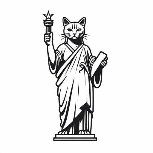 Prompt: minimal B&W icon, cat dressed and posed as the statue of liberty,  svg, flat minimal line vector design, white background