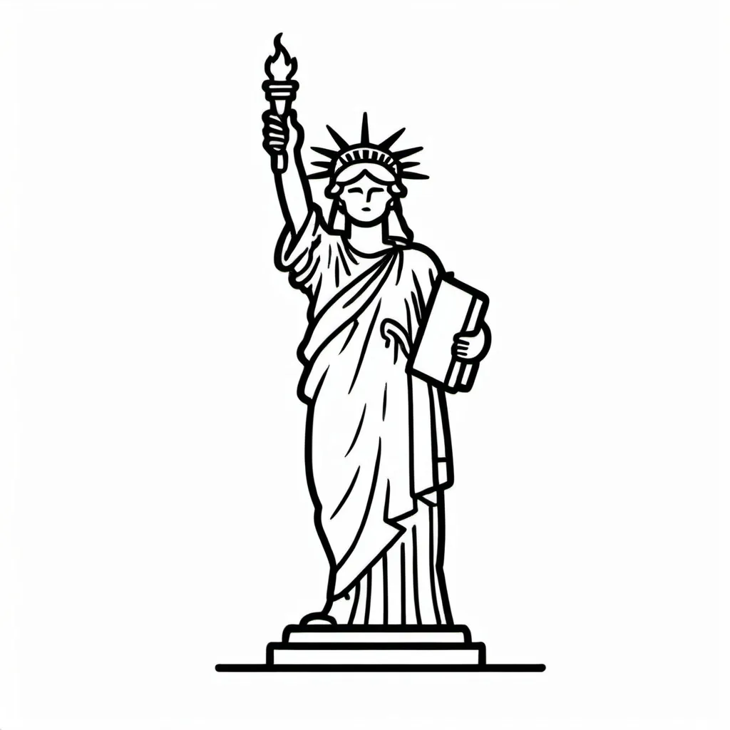 Prompt: minimal B&W icon, statue of liberty, holding torch in right hand, holding cat in her left hand, svg, flat minimal line vector design, white background