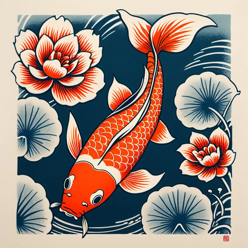 Prompt: create a japanese style Block Print of a Koi fish.