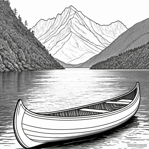 Prompt: Create a coloring page of a double hull canoe with mountains and the ocean in the background