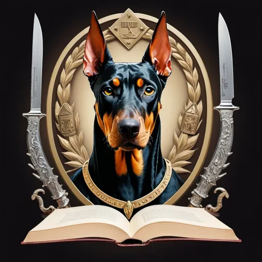 Prompt: A crest of a doberman, a book and knives