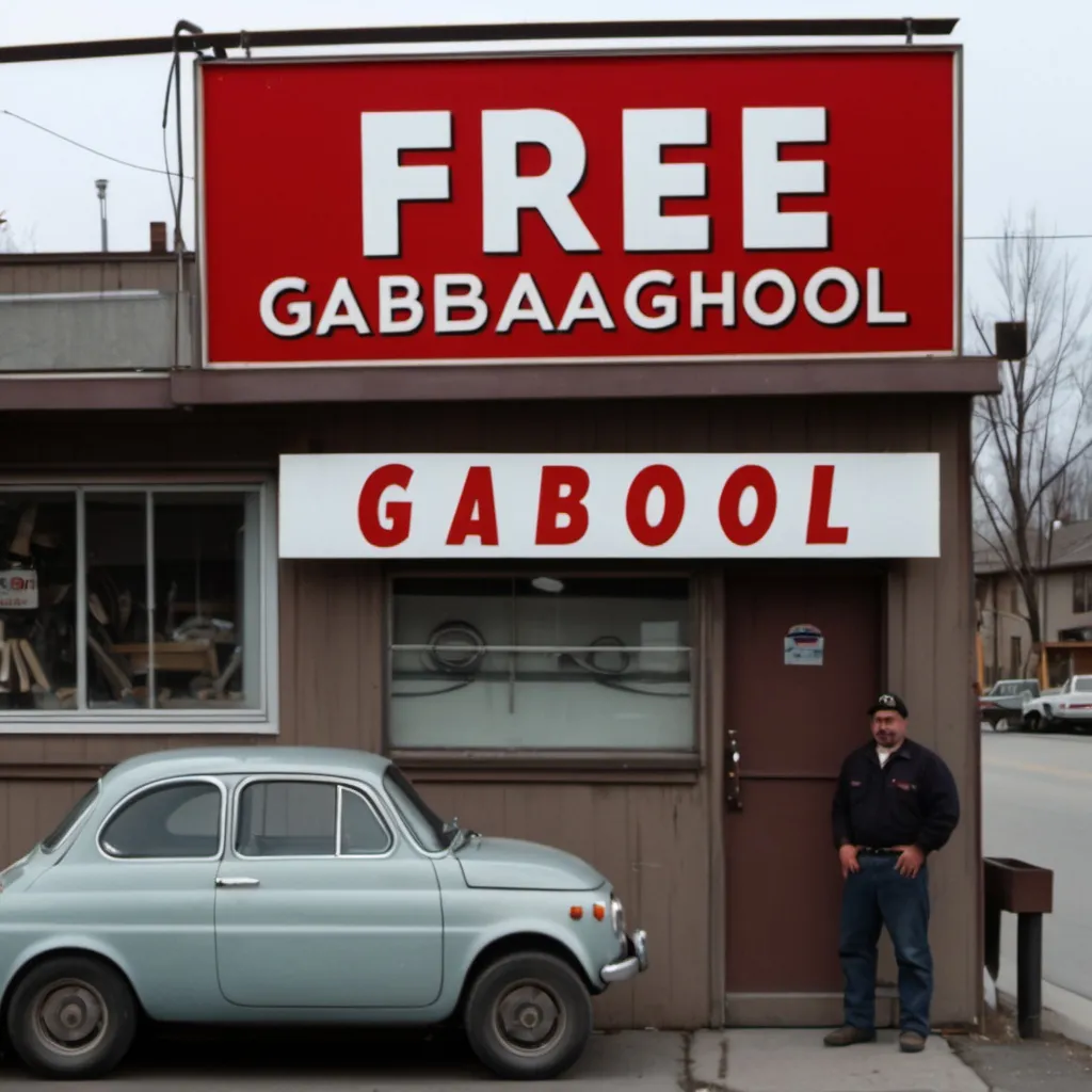 Prompt: photo of fake italian mechanic shop in canada with large sign that says "free gabagool"