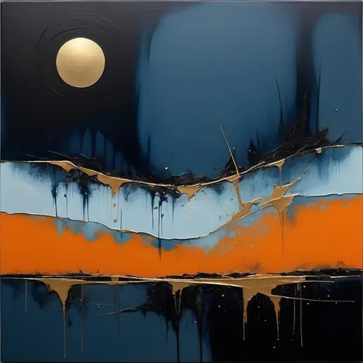 Prompt: I would like a modern contemporary piece that is in deep outwardly blues, oranges and black with flickers of gold. I want it to be minimalist with a feeling of deep loss and grief of the old self and observing the future self in the distance. its imbedded in anxiety, strngth to look at the possible and born from a place of complete breakdown.  The picture is real but has a hint of hope. its self reflective, empathic and shows the inner workings of a soul of a woman who is a survivor of cancer and lives with a hidden chronic illness. 