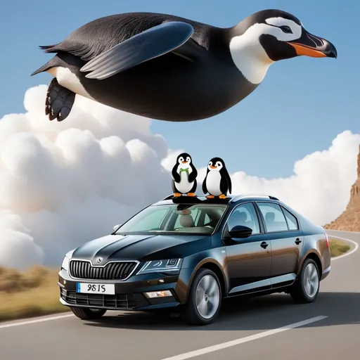 Prompt: 2018 black skoda octavia with a penguin on the passenger seat and an Arabic men driving in the cloud