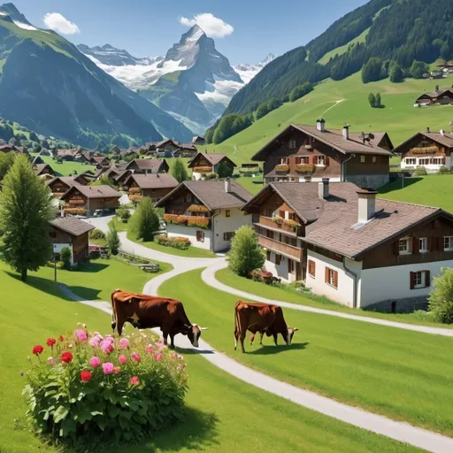 Prompt: can you please generate an image of Swiss alps village with less people and lovely houses, flower garden and cattle grazing in the background