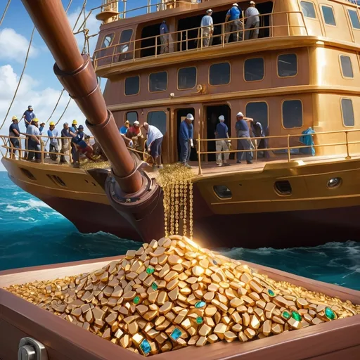 Prompt: The islanders worked together to load the diamonds, gemstones, and gold onto the ship.