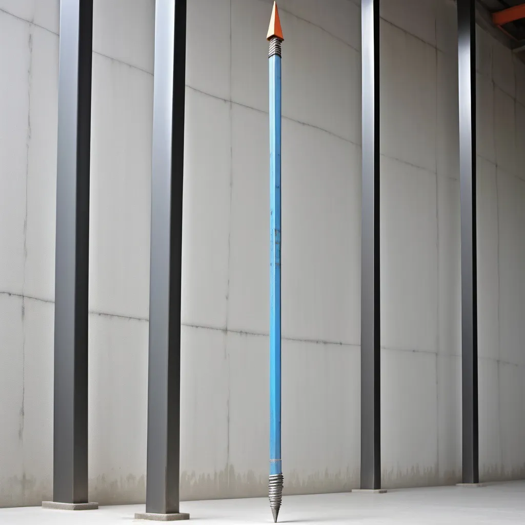 Prompt: vertical solid steel rod of 18 meters height and 45 cm in diameter is constrained in floor at bottom and applied by pushing arrow force acting at the center of opposite end