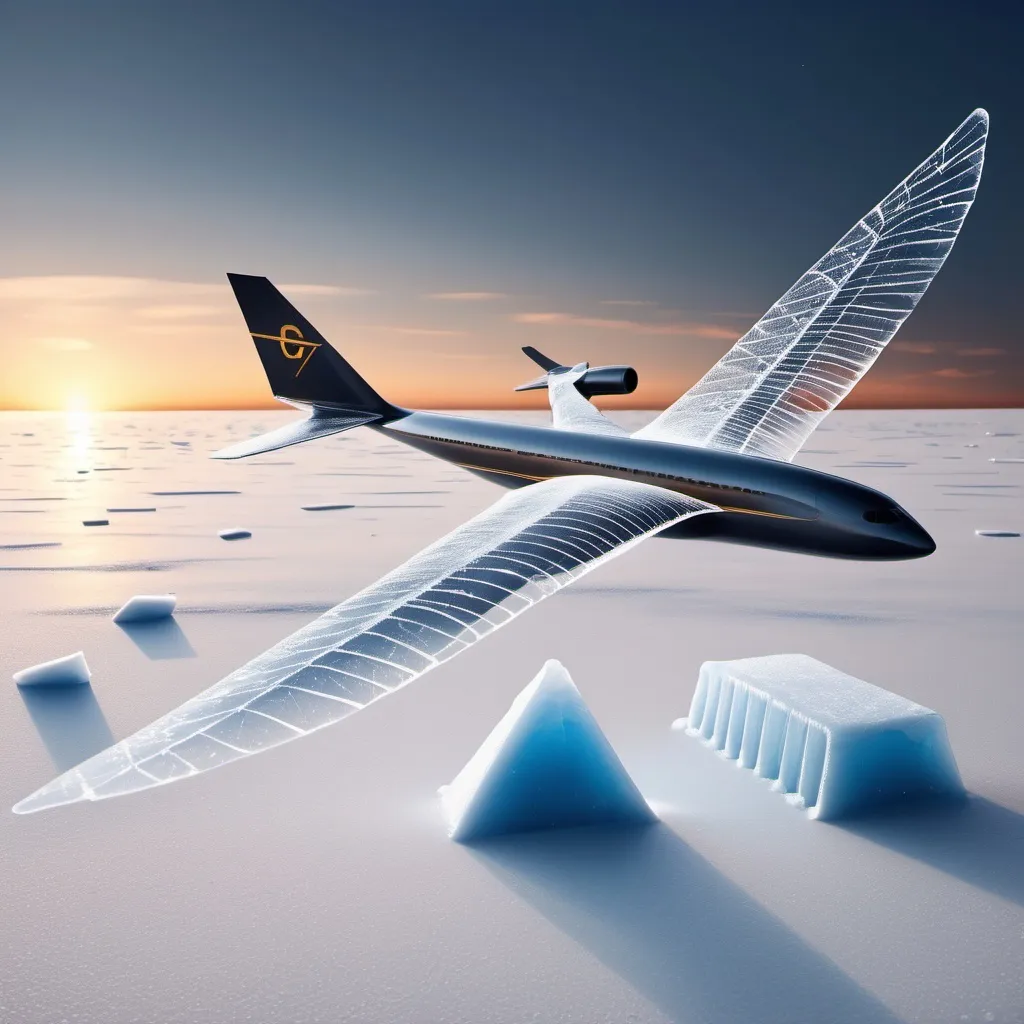 Prompt: draw aircraft with ice on top of wing used for calculation of strength. Draw Galileo Galilei formulae